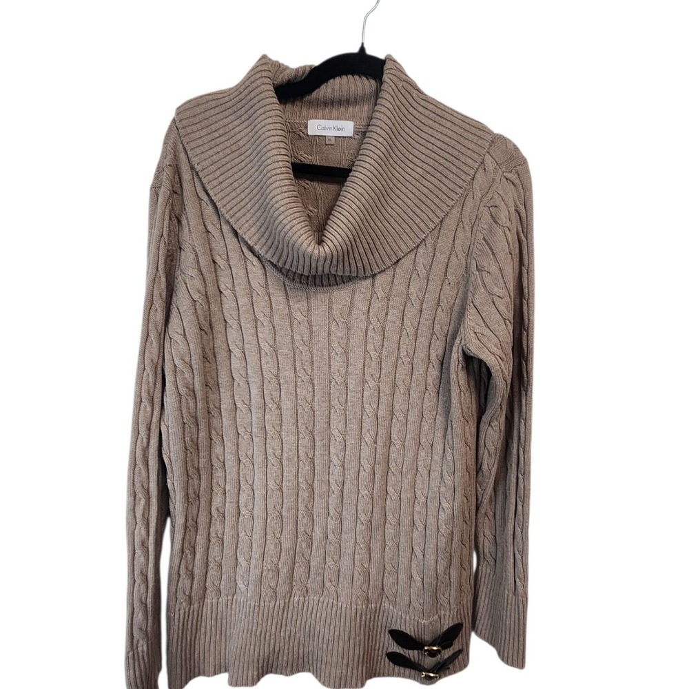 Calvin‎ Klein Womens Cable Knit Cowl Neck Long Sleeve Sweater Buckle Detail XL
